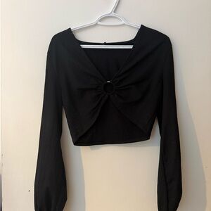 Monki Black Long Sleeve Crop Top with Ring Detail